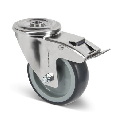 Rvs zwenkwiel met rem 100 mm - Rubber - 100 kg