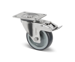 Rvs zwenkwiel met rem 100 mm Rubber - 100 kg