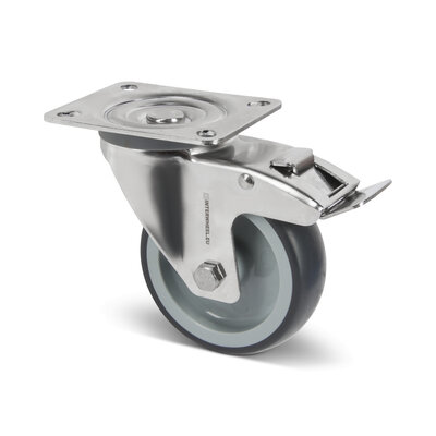 Rvs zwenkwiel met rem 100 mm - Rubber - 100 kg