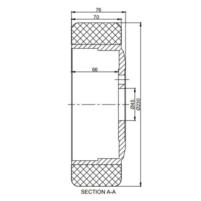 Polyurethaan aandrijfwiel 230x70 mm - Boring 45 mm flensaansluiting - 1350 kg