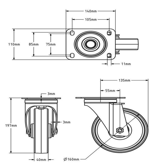 Rvs zwenkwiel 160 mm - Nylon - 300 kg