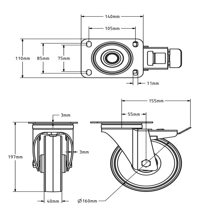 Rvs zwenkwiel met rem 160 mm - Nylon - 300 kg