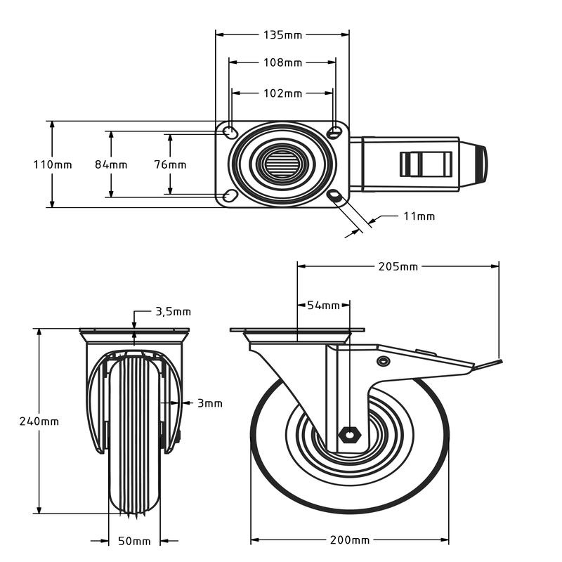 Zwenkwiel met rem 200 mm - luchtband - 75 kg