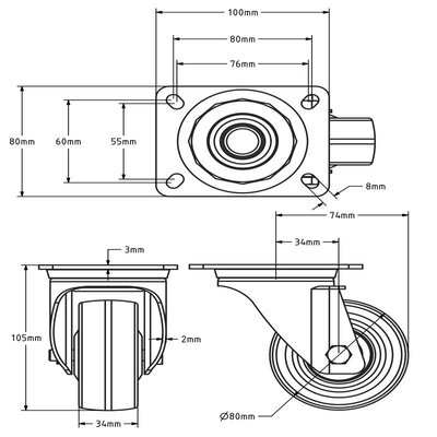 RVS PU zwenkwiel 80 mm - kogellager - 120 kg