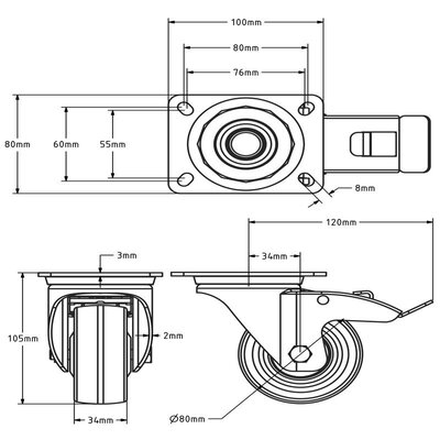 RVS PU zwenkwiel met rem 80 mm - kogellager - 120 kg
