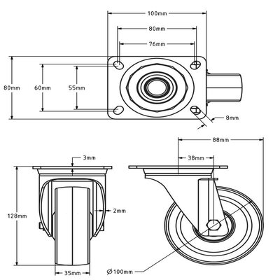 RVS PU zwenkwiel 100 mm - kogellager - 150 kg