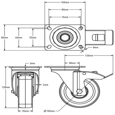 RVS PU zwenkwiel met rem 100 mm - kogellager - 150 kg