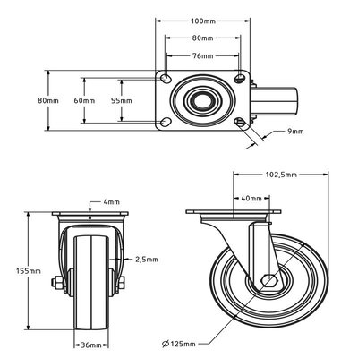 Rvs PU zwenkwiel 125 mm - kogellager - 200 kg