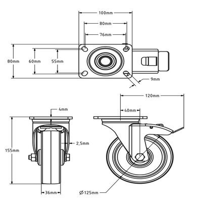 RVS PU zwenkwiel met rem 125 mm - kogellager - 200 kg