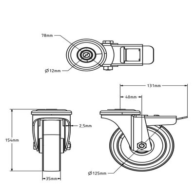 Rvs zwenkwiel met rem 125 mm - rollager - 200 kg