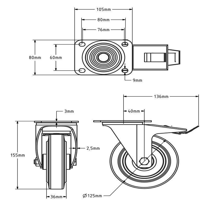 Zwart zwenkwiel met rem 125 mm - rollager - 200 kg