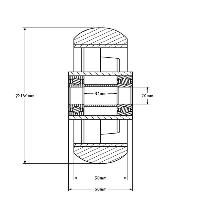 Ergonomisch PU wiel 160 mm - kogellager asgat 20 mm - 500 kg