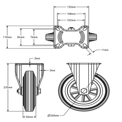 Rubber bokwiel 200 mm - rollager - 205 kg