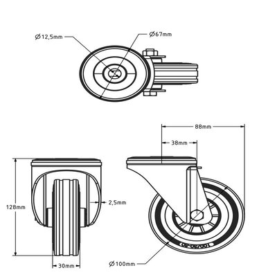 Rubber zwenkwiel 100 mm - rollager - 70 kg