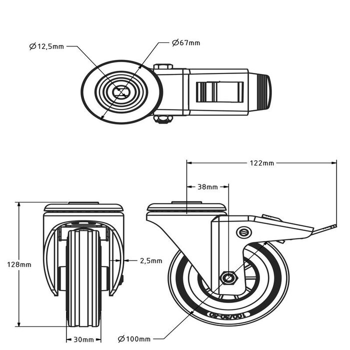 Rubber zwenkwiel met rem 100 mm - rollager - 70 kg