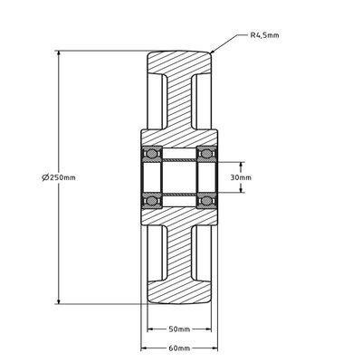 Nylon wiel 250 mm - kogellager asgat 30 mm - 1500 kg