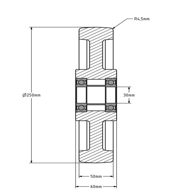 Nylon wiel 250 mm - kogellager asgat 30 mm - 1500 kg