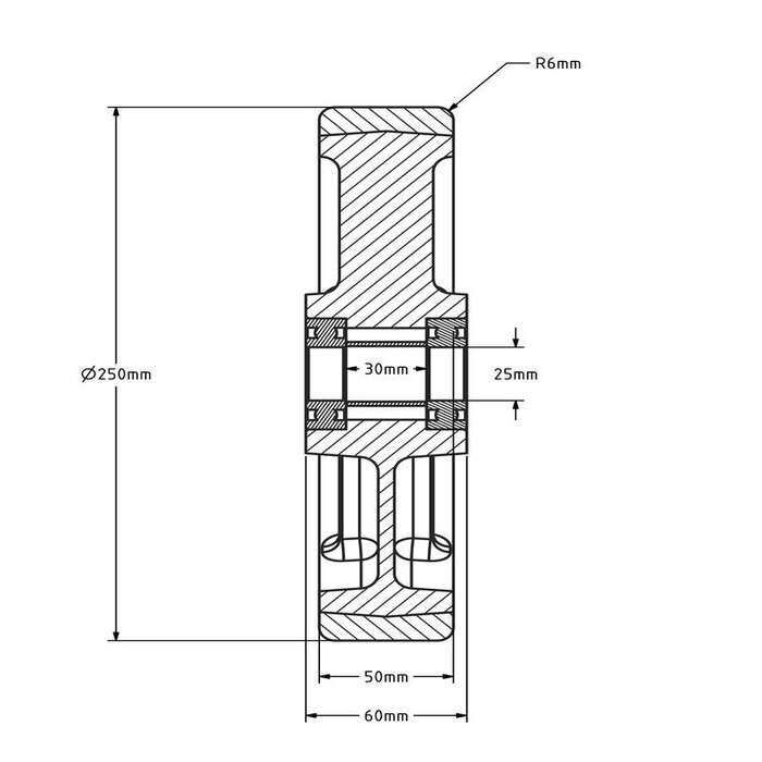 PU wiel 250 mm - kogellager asgat 25 mm - 1200 kg