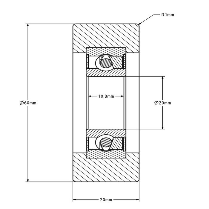 Geleiderol 60x20 mm - polyurethaan - 150 kg