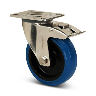 Rvs zwenkwiel 125 met rem - Elastisch rubber - 190 kg
