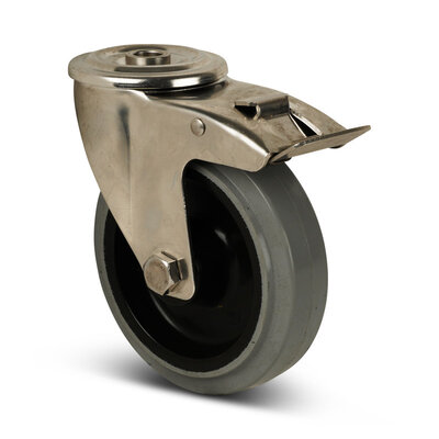 Rvs zwenkwiel met rem 125 mm - Elastisch rubber - 190 kg