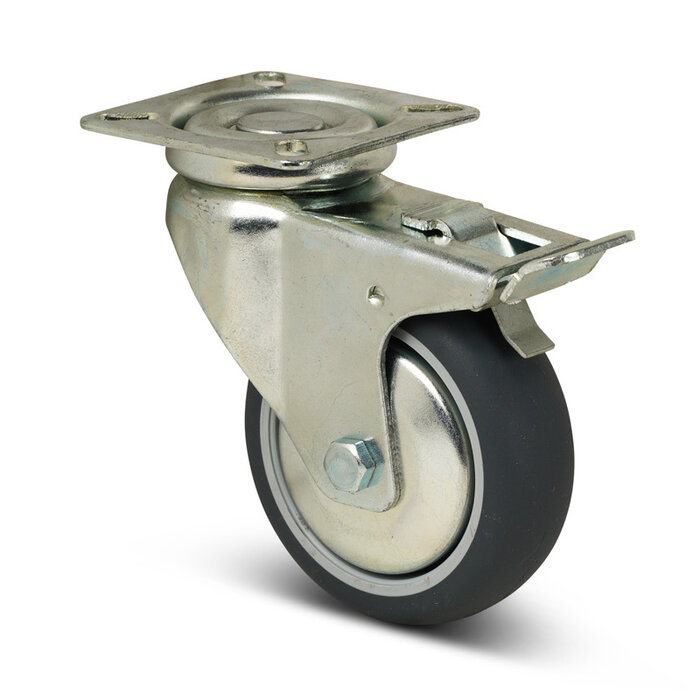 Rubber zwenkwiel rem 75 mm - kogellager - 60 kg