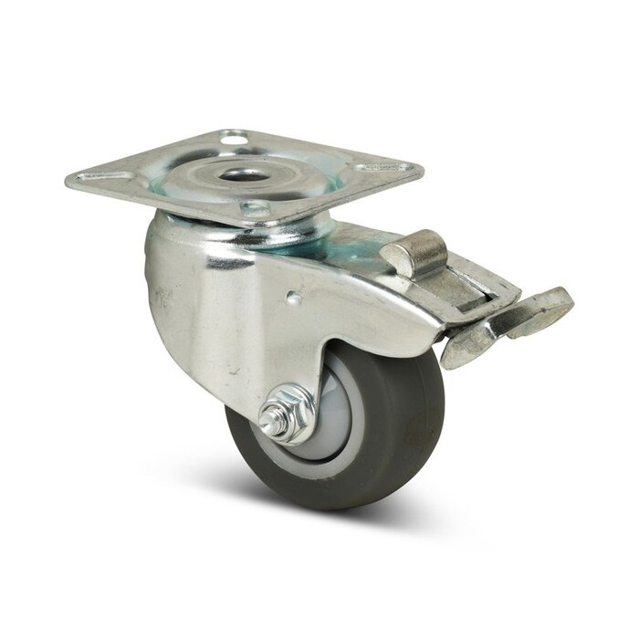 Rubber zwenkwiel met rem 50 mm - kogellager - plaat - 50 kg