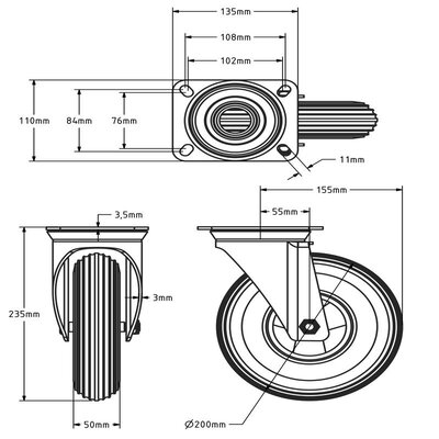 Antilek zwenkwiel 200 mm - geschuimd PU - 100 kg