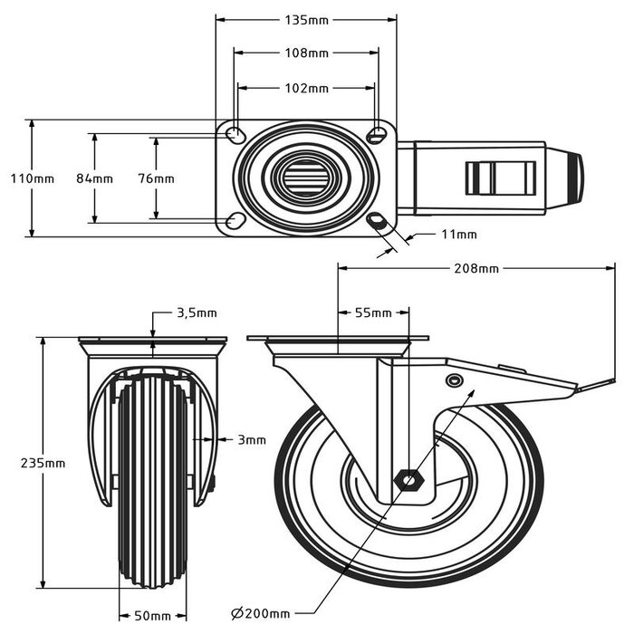 Antilek zwenkwiel met rem 200 mm - geschuimd PU - 100 kg