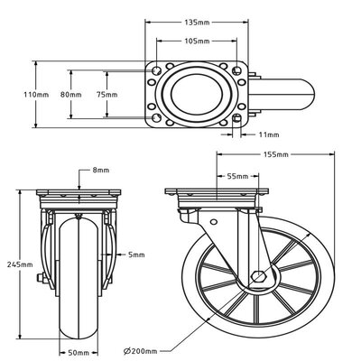 Ergonomisch PU zwenkwiel 200 mm - versterkt - kogellager - 700 kg