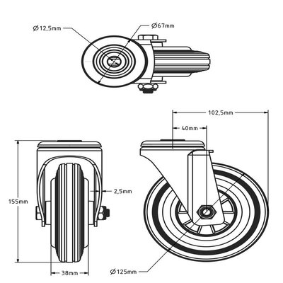 Rubber zwenkwiel 125 mm - rollager - 100 kg