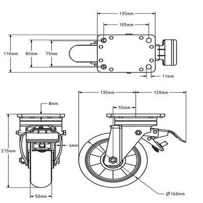 PU zwenkwiel met rem 160 mm bruin gebolleerd - 510 kg