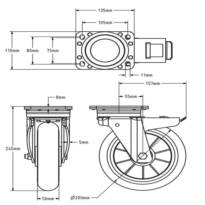 Gebolleerd PU zwenkwiel met rem 200 mm - 600 kg
