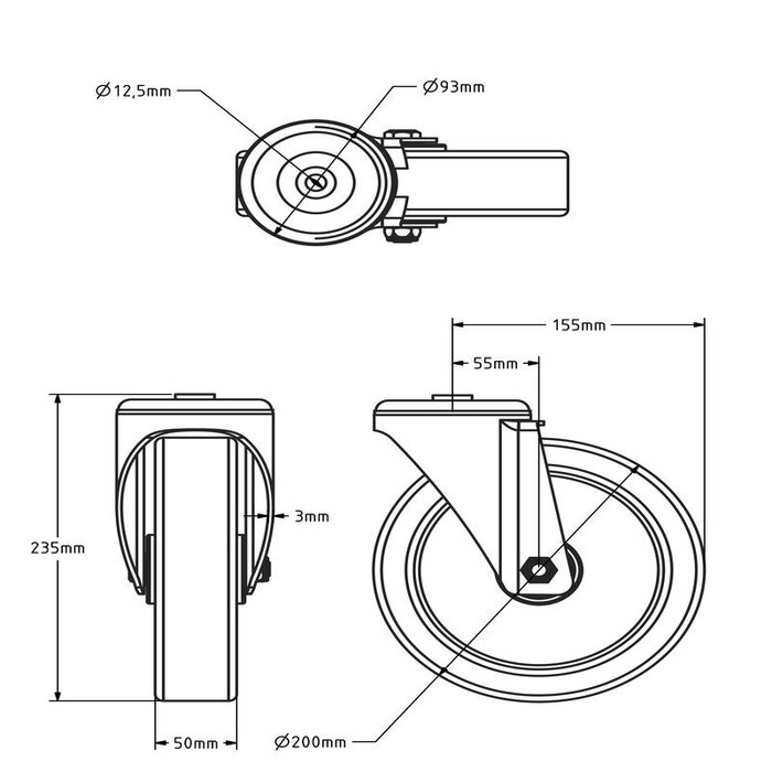 Rubber zwenkwiel 200 mm - boutgat - kogellager - 400 kg