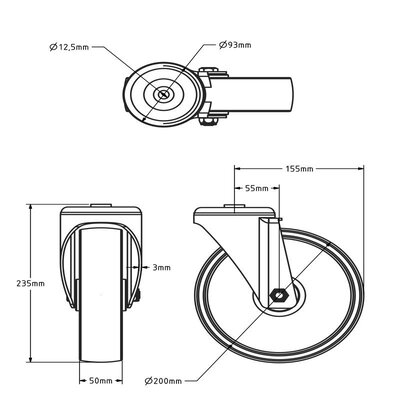 Nylon zwenkwiel 200 mm - boutgat - rollager- 350 kg