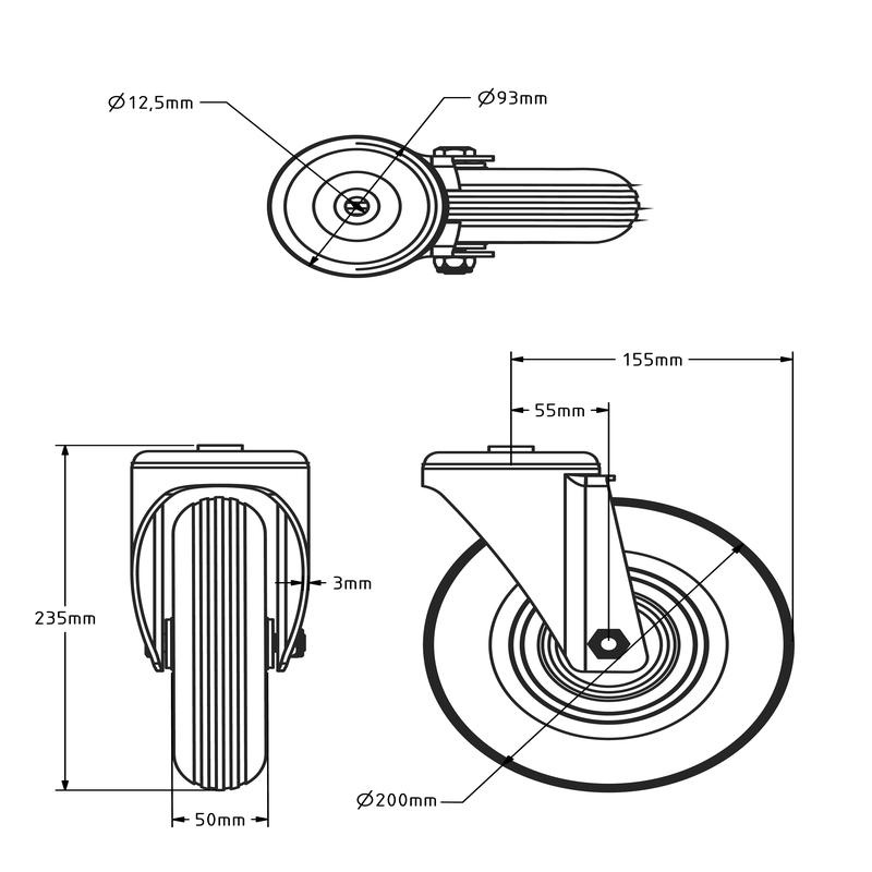 Zwenkwiel 200 mm - luchtband - 75 kg