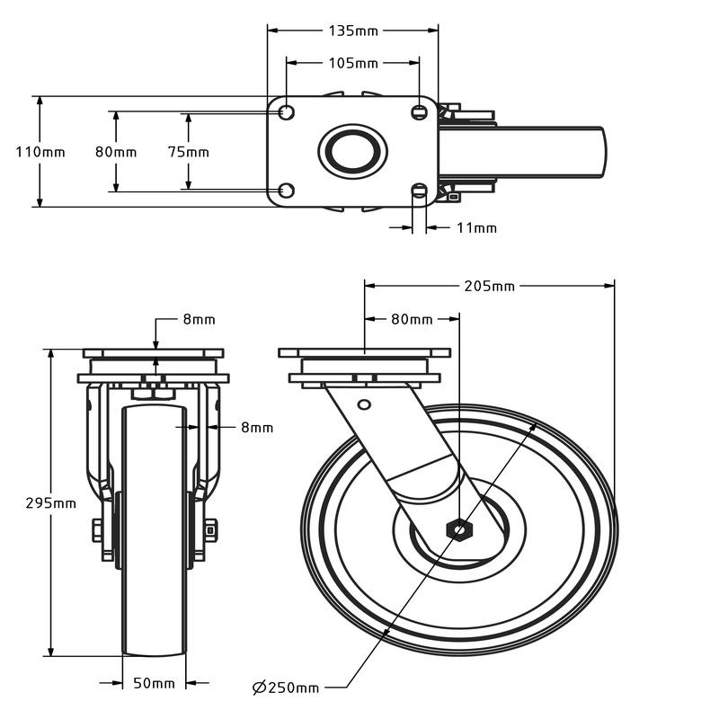 Zwaarlast nylon zwenkwiel 250 mm - kogellager - 1500 kg