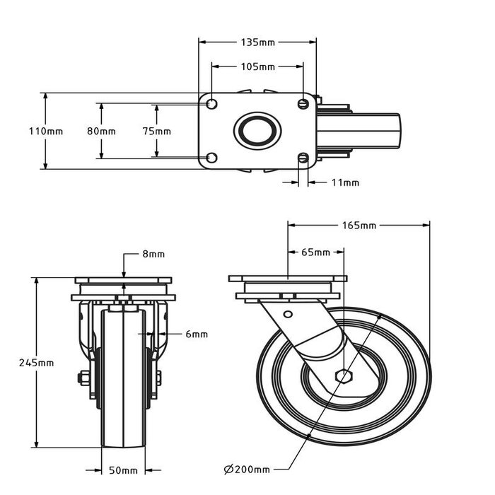 Zwaarlast nylon zwenkwiel 200 mm - kogellager - 1300 kg
