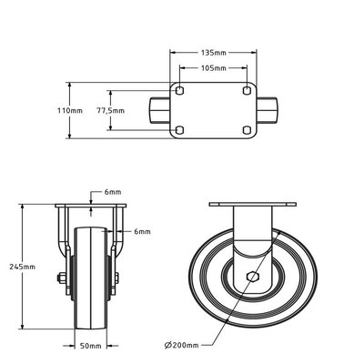 Zwaarlast nylon bokwiel 200 mm - kogellager - 1300 kg