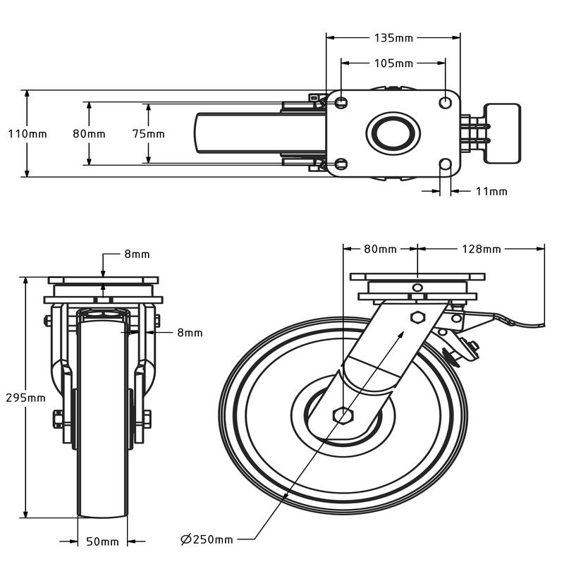Zwaarlast nylon zwenkwiel met rem 250 mm - kogellager - 1500 kg