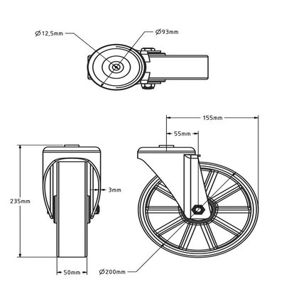 PU zwenkwiel 200 mm - boutgat - kogellager - 400 kg