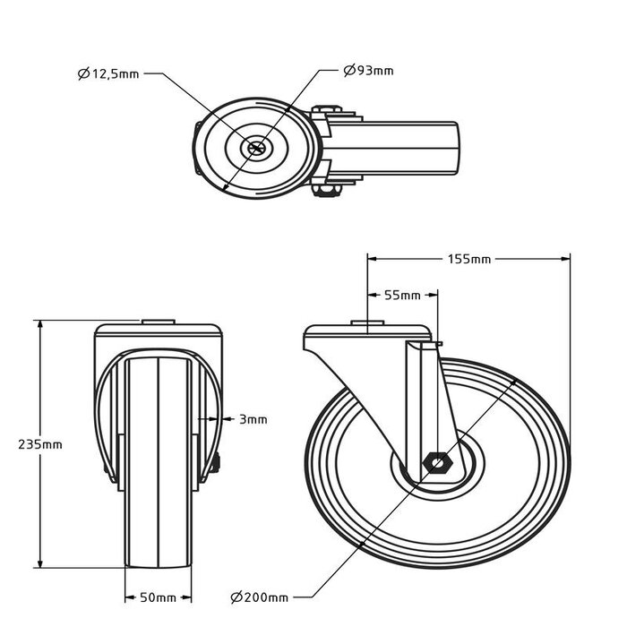 PU zwenkwiel 200 mm - boutgat - rollager- 400 kg