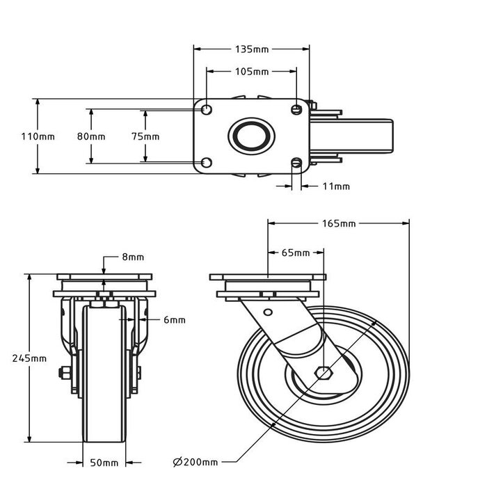 PU zwenkwiel 200 mm - kogellager - 1000 kg