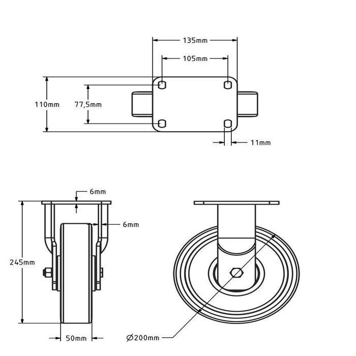 PU bokwiel 200 mm - kogellager - 1000 kg