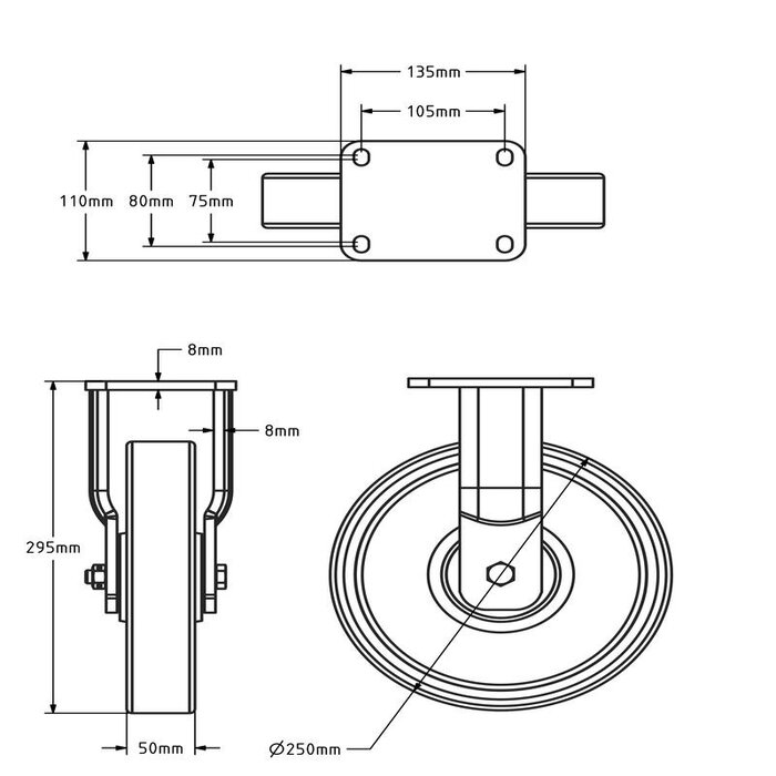 PU bokwiel 250 mm - kogellager - 1300 kg