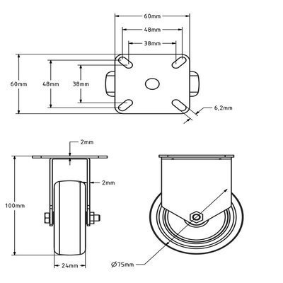 Rubber bokwiel 75 mm - kogellager - plaat - 75 kg