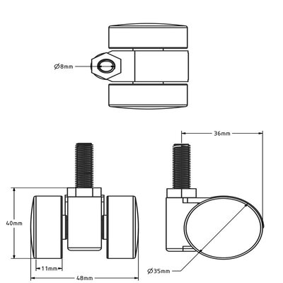 Zwart meubelwiel 35 mm - M8 - 50 kg