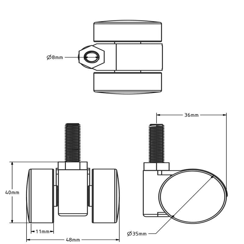 Zwart meubelwiel 35 mm - M8 - 50 kg