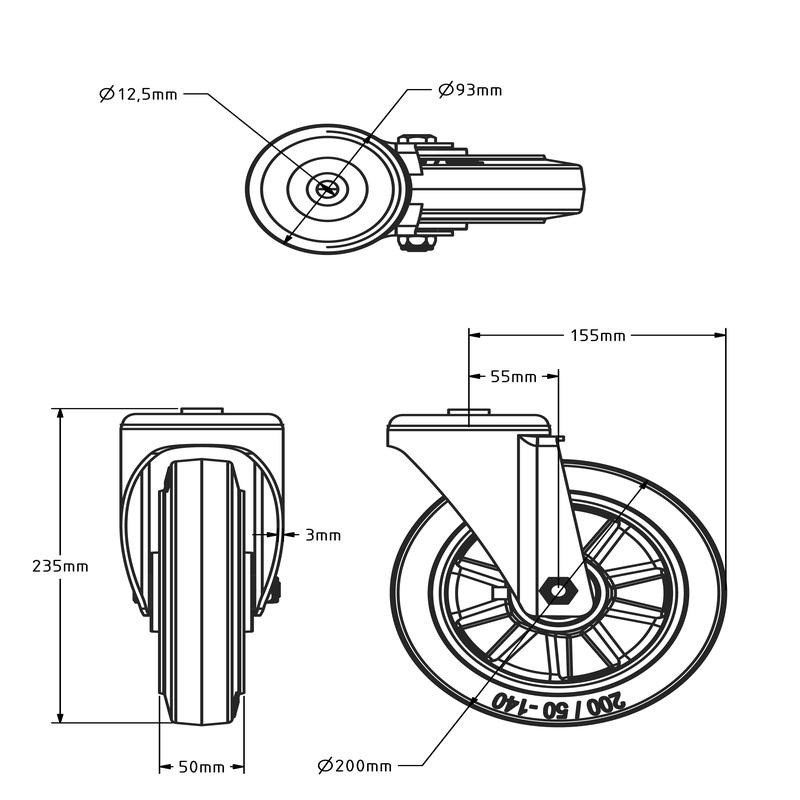 Elastisch rubber zwenkwiel 200 mm - boutgat - kogellager - 450 kg