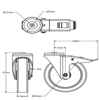 Rubber zwenkwiel met rem 200 mm - boutgat - kogellager - 400 kg